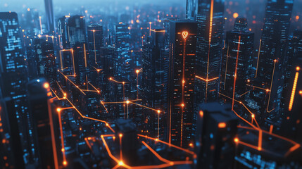 Obraz premium Smart digital Innovation city with connection network reciprocity over the twilight cityscape. of future smart wireless digital city and social media networking systems that connects people with city