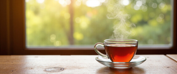 Steaming cup of tea on a table bathed in warm sunlight, evoking a sense of peace and personal fulfillment amidst a serene nature backdrop