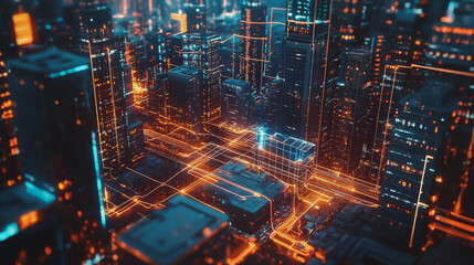 Obraz premium Smart digital Innovation city with connection network reciprocity over the twilight cityscape. of future smart wireless digital city and social media networking systems that connects people with city