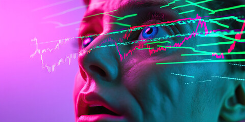Human Face Overlaid with Financial Data Graphs