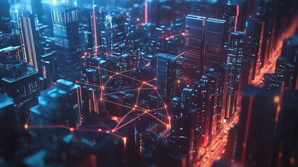 Obraz premium Smart digital Innovation city with connection network reciprocity over the twilight cityscape. of future smart wireless digital city and social media networking systems that connects people with city