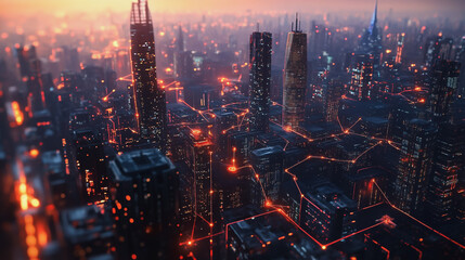 Fototapeta premium Smart digital Innovation city with connection network reciprocity over the twilight cityscape. of future smart wireless digital city and social media networking systems that connects people with city