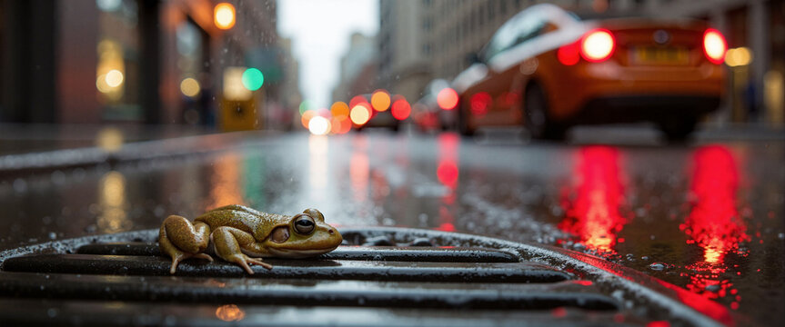 Urban frog resting on a street grate during a rainy evening, contrasting lively city lights and blurred traffic, evoking a serene yet vibrant mood amidst the urban versus nature theme