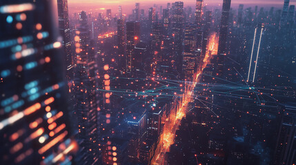 Fototapeta premium Smart digital Innovation city with connection network reciprocity over the twilight cityscape. of future smart wireless digital city and social media networking systems that connects people with city