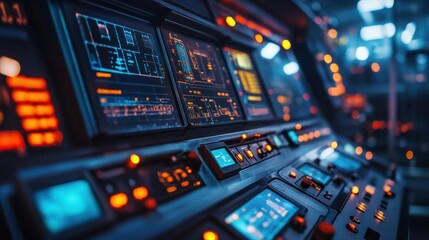 Obraz premium Complex digital dashboard displaying various data and information on multiple screens and indicators, suggesting advanced technology and control systems within a modern spaceship cockpit