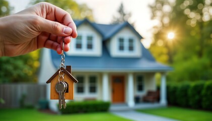 Hand holds house-shaped keychain with keys in front of house. Homebuyer receives keys. Real estate transaction. New home ownership concept. Person happy about purchase. Buying house. Exterior view.