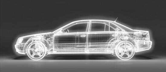 Naklejka premium Car vehicle 3d blueprint mesh model on a black background. 3d rendered image