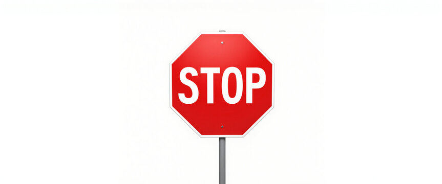 Stop sign in bright red color with bold white lettering conveying urgency and caution displayed on a clear background