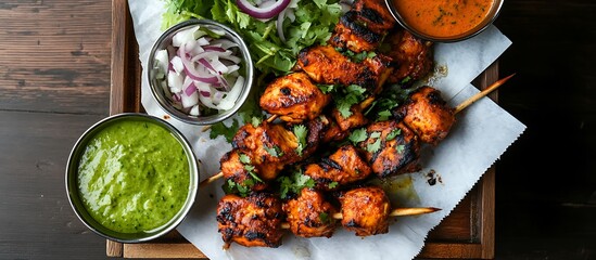 A flat lay of a Pakistani-style chicken tikka wrap with vibrant colors, served on a paper with a side of mint chutney and onion salad, placed on a wooden table at a busy London market.