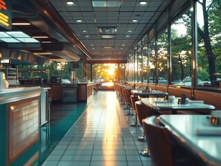 Fototapeta premium Nostalgic diner experience vintage led signs twilight lighting warm atmosphere interior view embracing retro culture