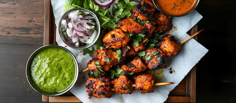 A flat lay of a Pakistani-style chicken tikka wrap with vibrant colors, served on a paper with a side of mint chutney and onion salad, placed on a wooden table at a busy London market.