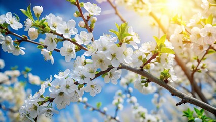 Obraz premium Spring Blossoms: White Plum Tree in Vibrant Bloom Under a Sunny Blue Sky