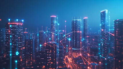 Fototapeta premium Smart digital Innovation city with connection network reciprocity over the twilight cityscape. of future smart wireless digital city and social media networking systems that connects people with city