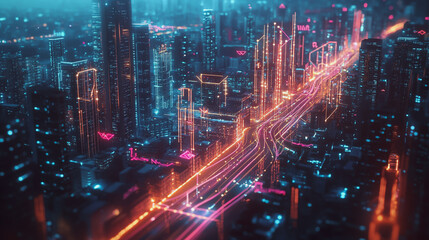 Fototapeta premium Smart digital Innovation city with connection network reciprocity over the twilight cityscape. of future smart wireless digital city and social media networking systems that connects people with city