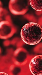 Microscopic view of red blood cells floating in plasma, scientific medical visualization showing detailed cellular structure in deep crimson tones against dark background.