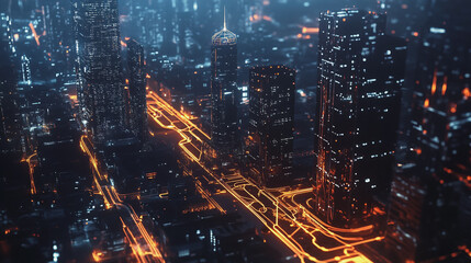 Smart digital Innovation city with connection network reciprocity over the twilight cityscape. of future smart wireless digital city and social media networking systems that connects people with  city