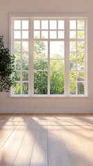 Fototapeta premium Large white framed window with garden view in modern minimalist room interior, sunlight casting geometric shadows on light wooden floor, green trees visible outside.