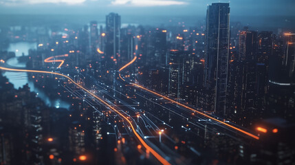 Smart digital Innovation city with connection network reciprocity over the twilight cityscape. of future smart wireless digital city and social media networking systems that connects people with  city