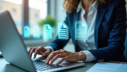 Businesswoman uses laptop for online document management system. Virtual file icons appear over laptop keyboard. Efficient file processing, digital storage evident. Modern tech for business