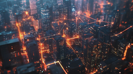 Smart digital Innovation city with connection network reciprocity over the twilight cityscape. of future smart wireless digital city and social media networking systems that connects people with  city