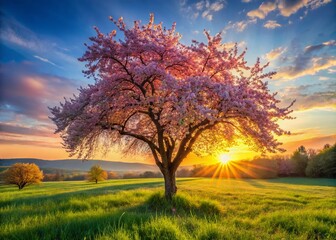 Spring Sunrise Meadow: Panoramic Blooming Tree Landscape