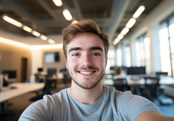 Obraz premium Young man smiling in modern office