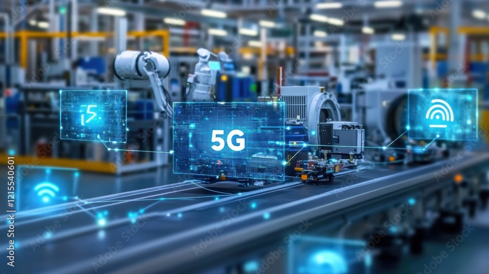 Poster robotic arms using 5g technology in a smart factory are optimizing industrial processes, improving e