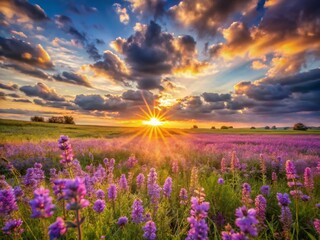 Obraz premium Spring Wildflowers Sunset Field - Purple Blooms at Golden Hour Slow Motion