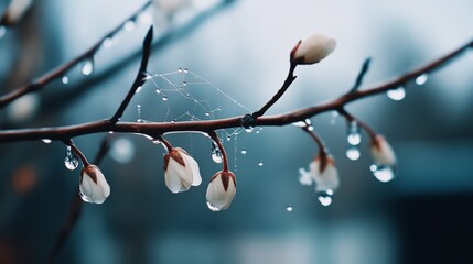 Delicate blossoms with droplets on bare branches create a serene, magical atmosphere, embodying the gentle transition from rain to bloom.
