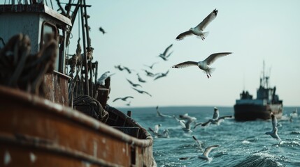Seagulls flutter over a fishing boat in open waters, evoking a sense of freedom, maritime life, and the boundless horizon beyond.
