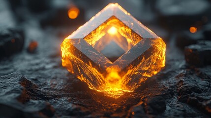 Bright amber crystal glows in a lava-like environment surrounded by dark rocks, creating an otherworldly atmosphere. Generative AI