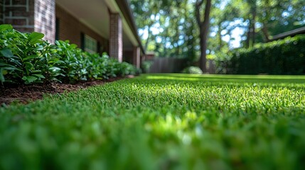 Obraz premium Lush green lawn by house, sunny backyard garden