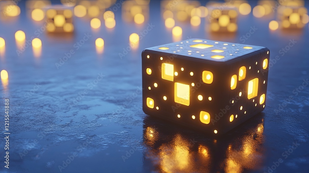 Poster glowingly lit decorative cubes arranged on a reflective surface with soft background light in an eve