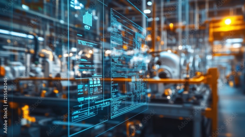 Poster futuristic transparent display is showing various data, statistics, and code in a modern factory set