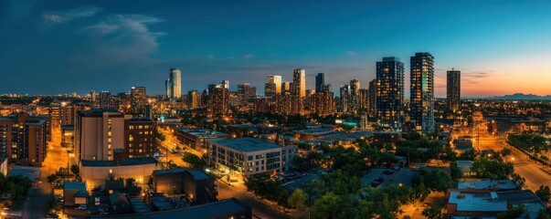 Fototapeta premium Urban skyline at dusk with illuminated buildings in cityscape panorama
