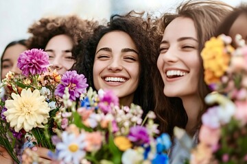 Fototapeta premium Cheerful young women holding colorful flower bouquets smiling together