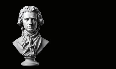 A detailed plaster cast bust of Wolfgang Amadeus Mozart, isolated on a clean black background. Perfect for classical music, history, or art-themed projects.