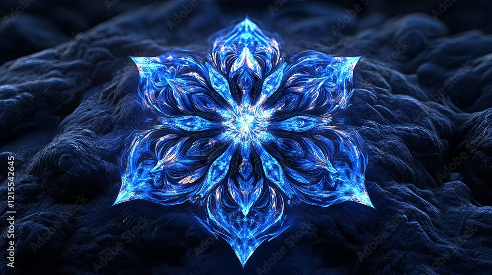 Poster intricate blue snowflake design glowing against a dark textured background in a stunning digital art
