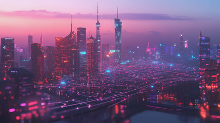 Obraz premium Smart digital Innovation city with connection network reciprocity over the twilight cityscape. of future smart wireless digital city and social media networking systems that connects people with city