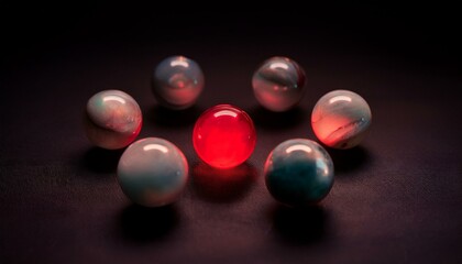 회전하는 여러 개의 구슬들이 나열되어 있는 가운데, 하나의 구슬만 붉은빛으로 빛나는 장면