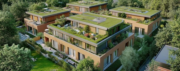Fototapeta premium Modern eco-friendly housing complex with green roofs surrounded by lush trees