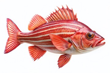 Fototapeta premium Striped Red Sea Bass, Isolated Fish, White Background, Seafood, Aquatic Life Stock Photo