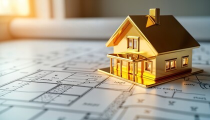 Golden house model sits on blueprints. Detailed house plan visible. Luxury home project. Real estate concept. Architecture, design. Building. Impressive property illustration. Modern building design