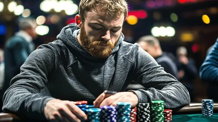 A triumphant moment as a player pulls a massive pile of chips toward themselves, surrounded by the green felt table.