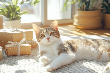 Pet lover gifts collection cozy indoor setting gift photography natural light environment low-angled perspective whimsical concept