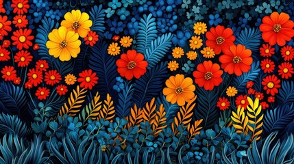 Obraz premium Vibrant Red Yellow Flowers Bloom Amidst Dark Blue Foliage