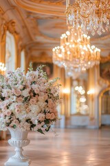 A lavish birthday party setup featuring elegant florals and crystal chandeliers in a grand ballroom