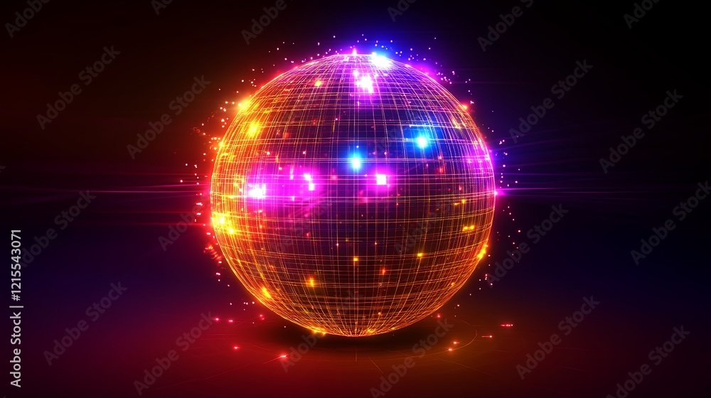 Poster colorful glowing sphere with lights and patterns against a dark background at night. generative ai