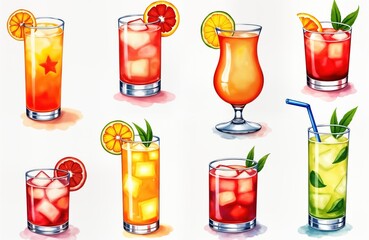 Colorful watercolor cocktails on white background. Vibrant drinks include various cocktails like margaritas mojitos, cosmopolitan. Hand drawn, stylized drinks with ice, fruit slices for decoration.