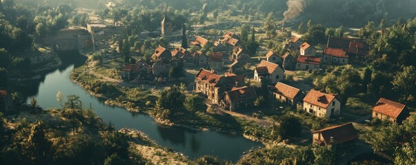 Fototapeta premium Aerial view of a picturesque medieval village with red roofs and river
